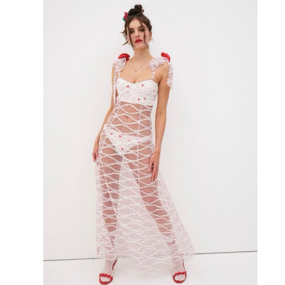 For Love & Lemons Women's Giada Sheer Polka Dot Maxi Dress White Xs Nwt